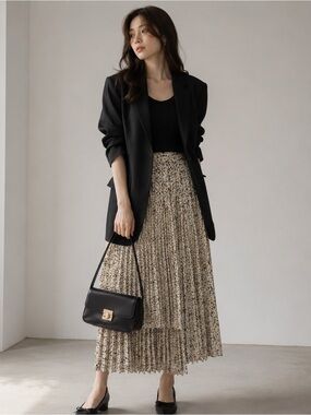 Korean Pleated Floral Midi Skirt High Low Hem Fully Lined Elastic Waist S